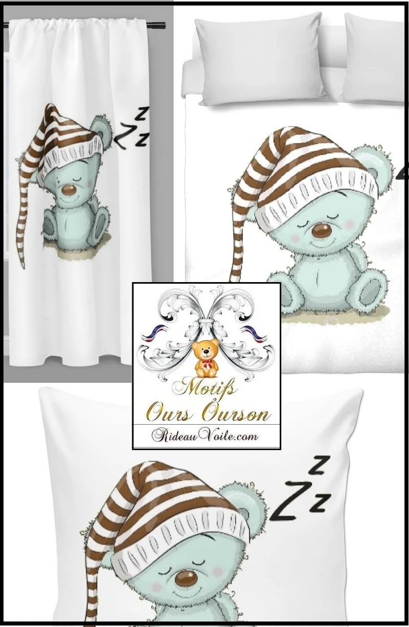 Déco création chambre enfant bébé sur mesure tissu motif ourson mètre rideau couette
