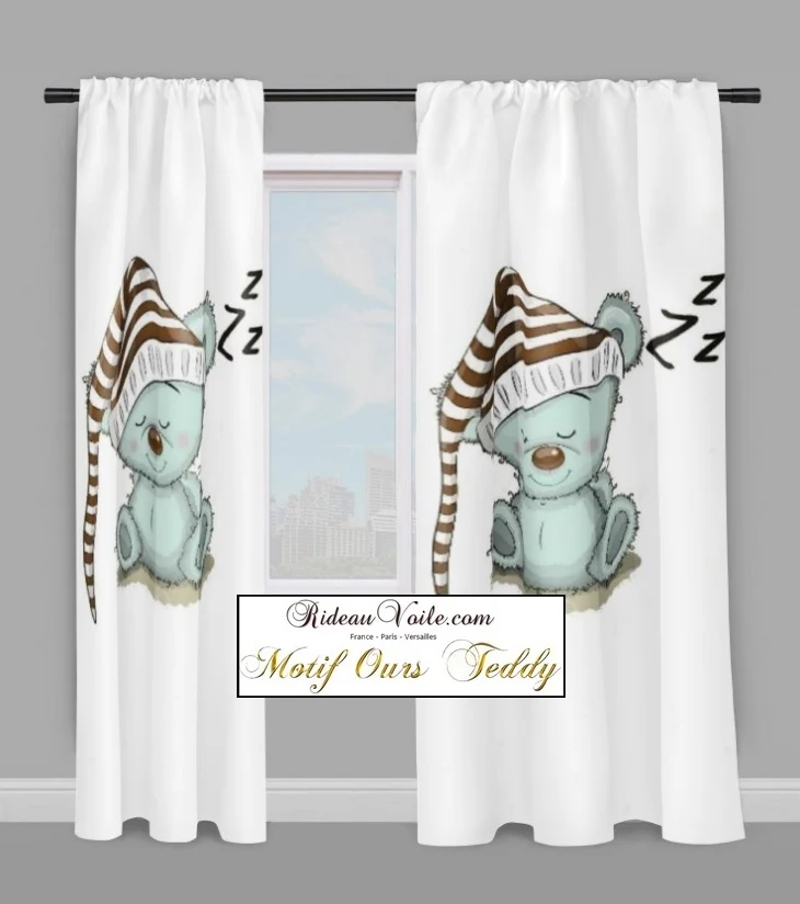 Déco création chambre enfant bébé sur mesure tissu motif ourson mètre rideau couette