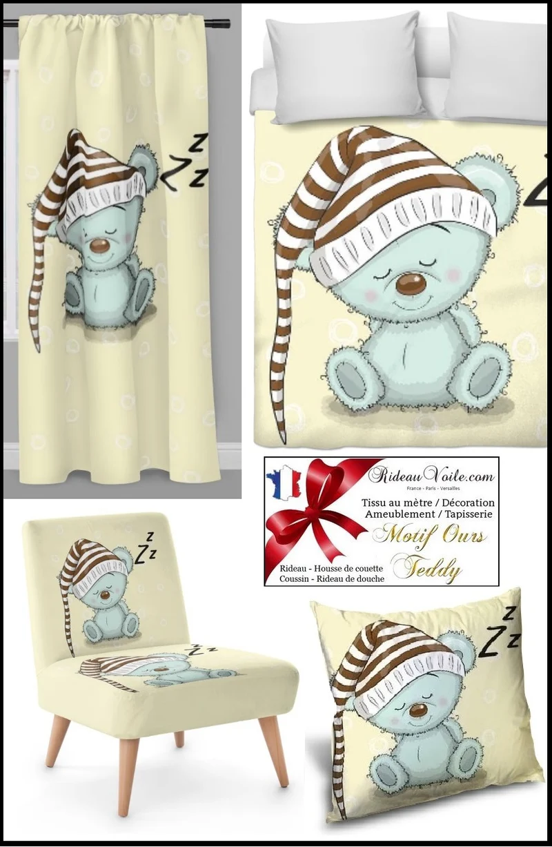 Créateur d'ambiance chambre tissu motif Ourson bébé enfant rideau couette mètre