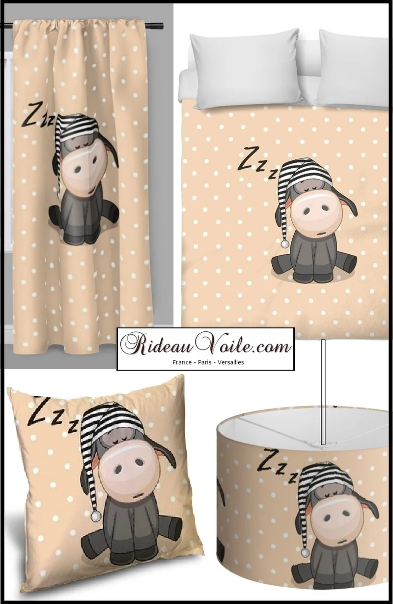 Boutique enfant tissu ameublement imprimé motif âne Teddy ourson rideau voilage