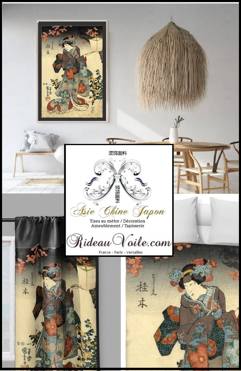 Décoration Asiatique motif Art Japonais Geisha tissu au mètre occultant rideau