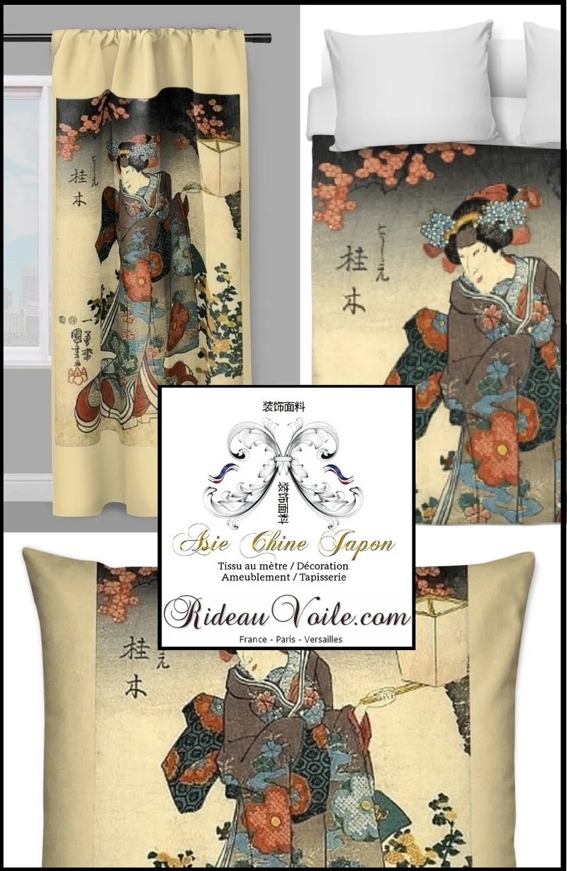 Déco style Asiatique imprimé Japonais Geisha tissu au mètre occultant ignifugé rideau
