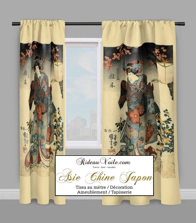 Déco style Asiatique imprimé Japonais Geisha tissu au mètre occultant ignifugé rideau