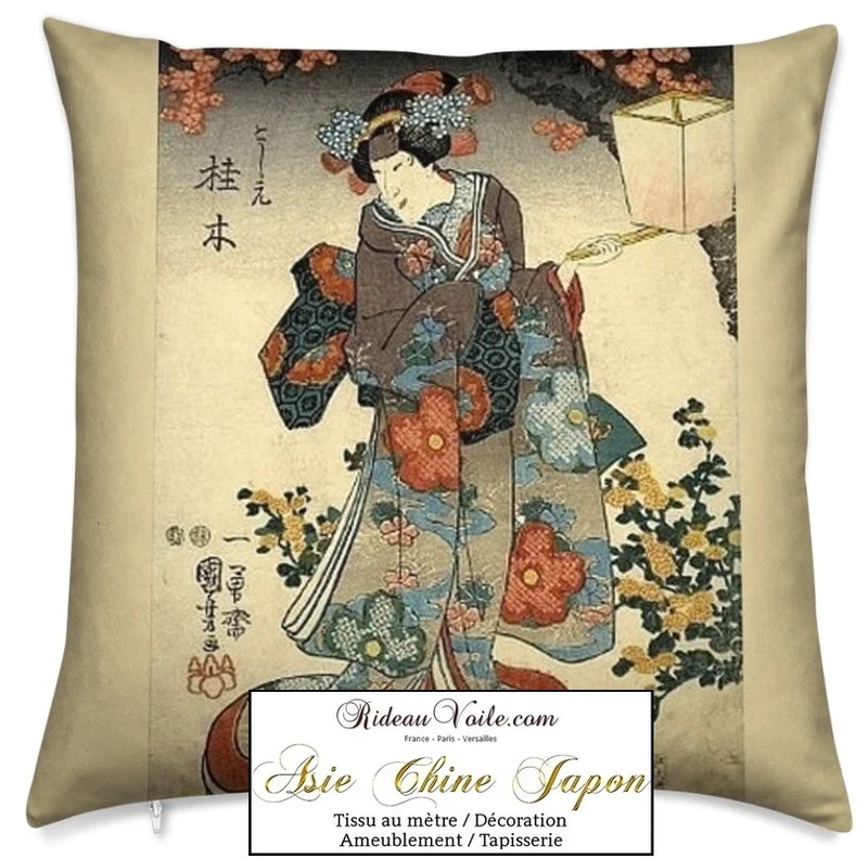 Déco style Asiatique imprimé Japonais Geisha tissu au mètre occultant ignifugé rideau