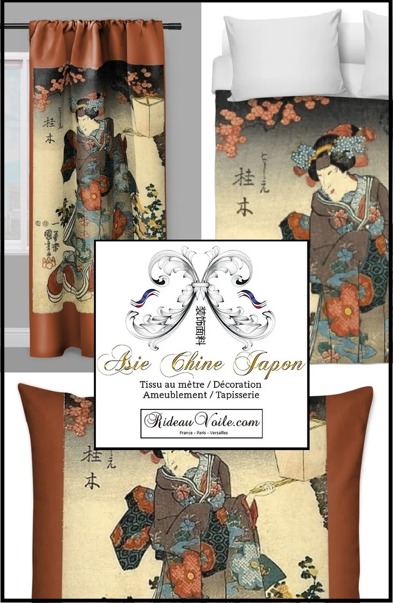 Déco Asiatique imprimé Japonais Geisha tissu au mètre occultant ignifugé rideau voilage