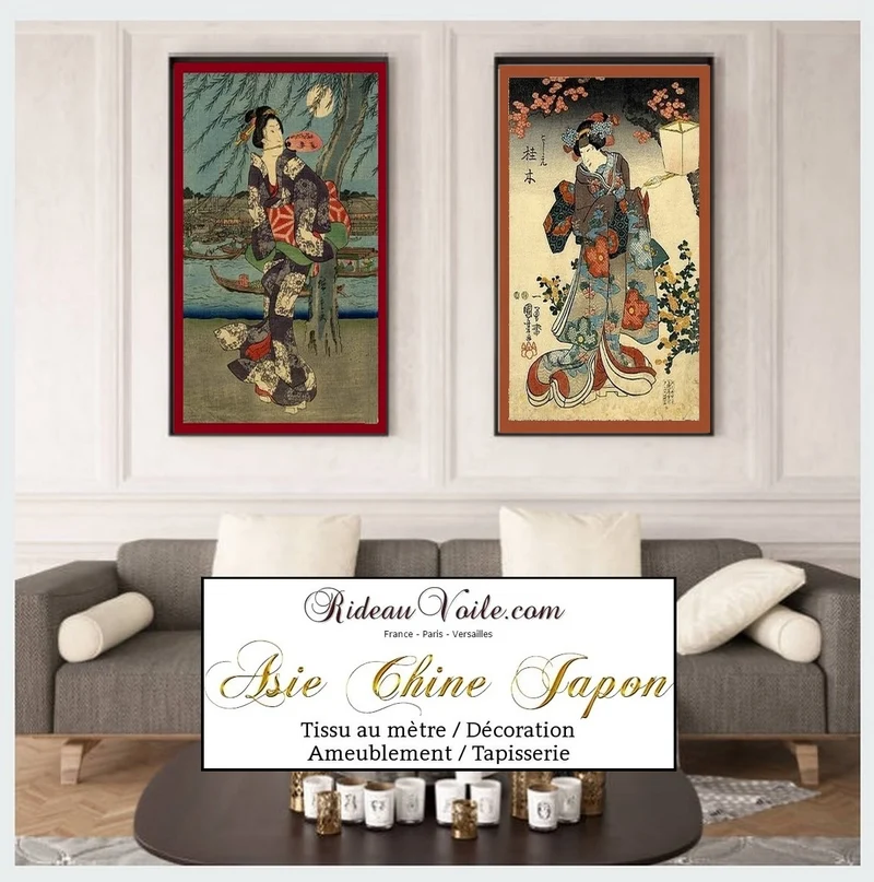 Déco Asiatique imprimé Japonais Geisha tissu au mètre occultant ignifugé rideau voilage