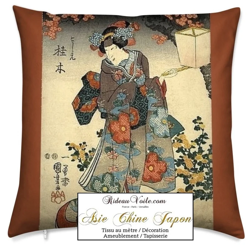 Déco Asiatique imprimé Japonais Geisha tissu au mètre occultant ignifugé rideau voilage