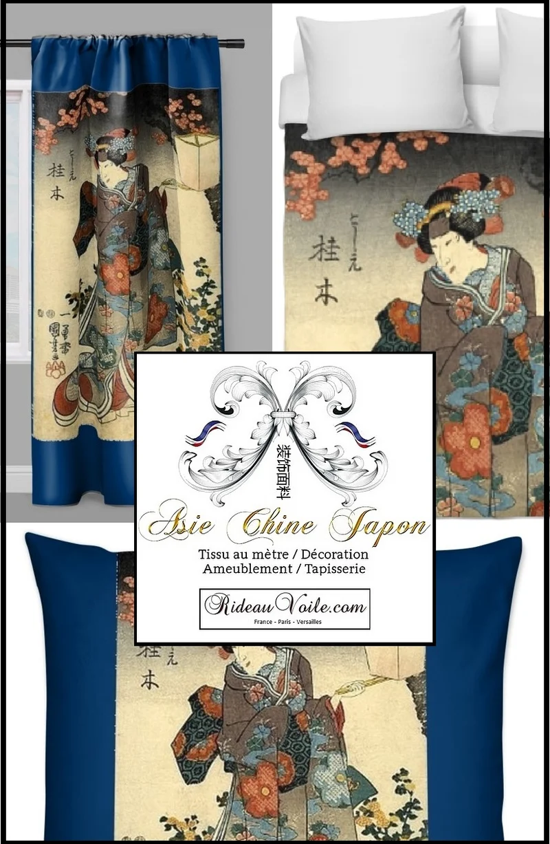 Motif imprimé Japonais Geisha tissu au mètre déco d'Asie occultant ignifugé rideau
