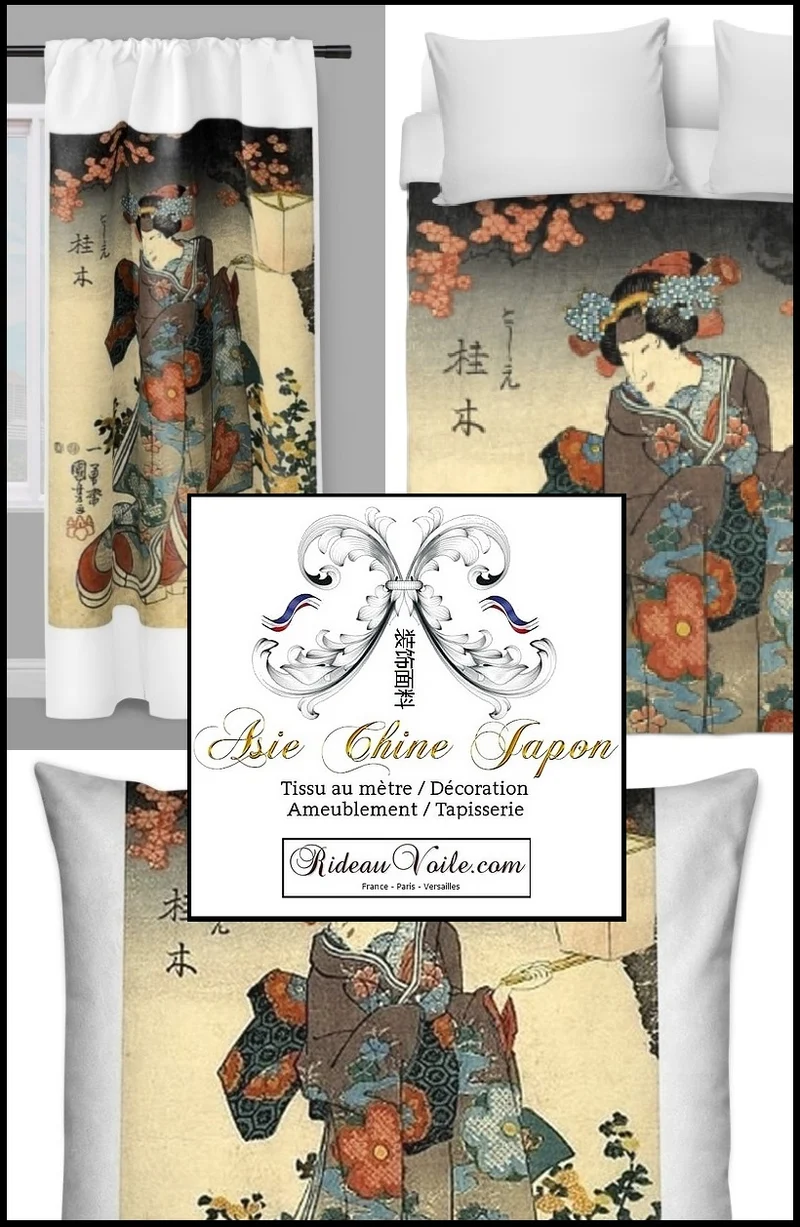 Motif imprimé Japonais Geisha tissu au mètre déco d'Asie occultant ignifugé rideau