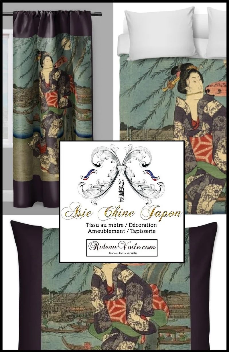Motif imprimé Japonais Geisha tissu au mètre déco d'Asie occultant ignifugé rideau