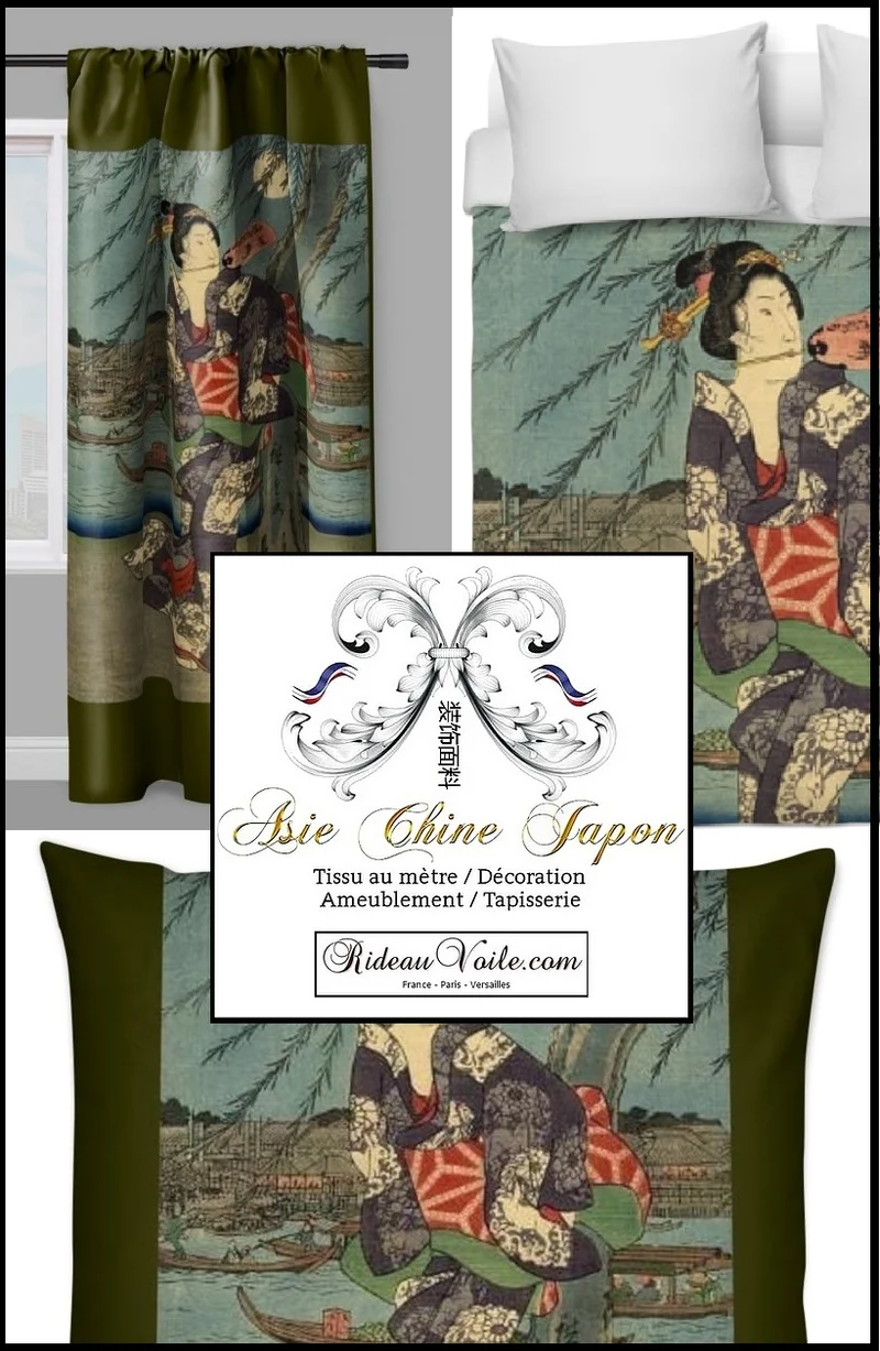 Motif imprimé Japonais Geisha tissu au mètre déco d'Asie occultant ignifugé rideau