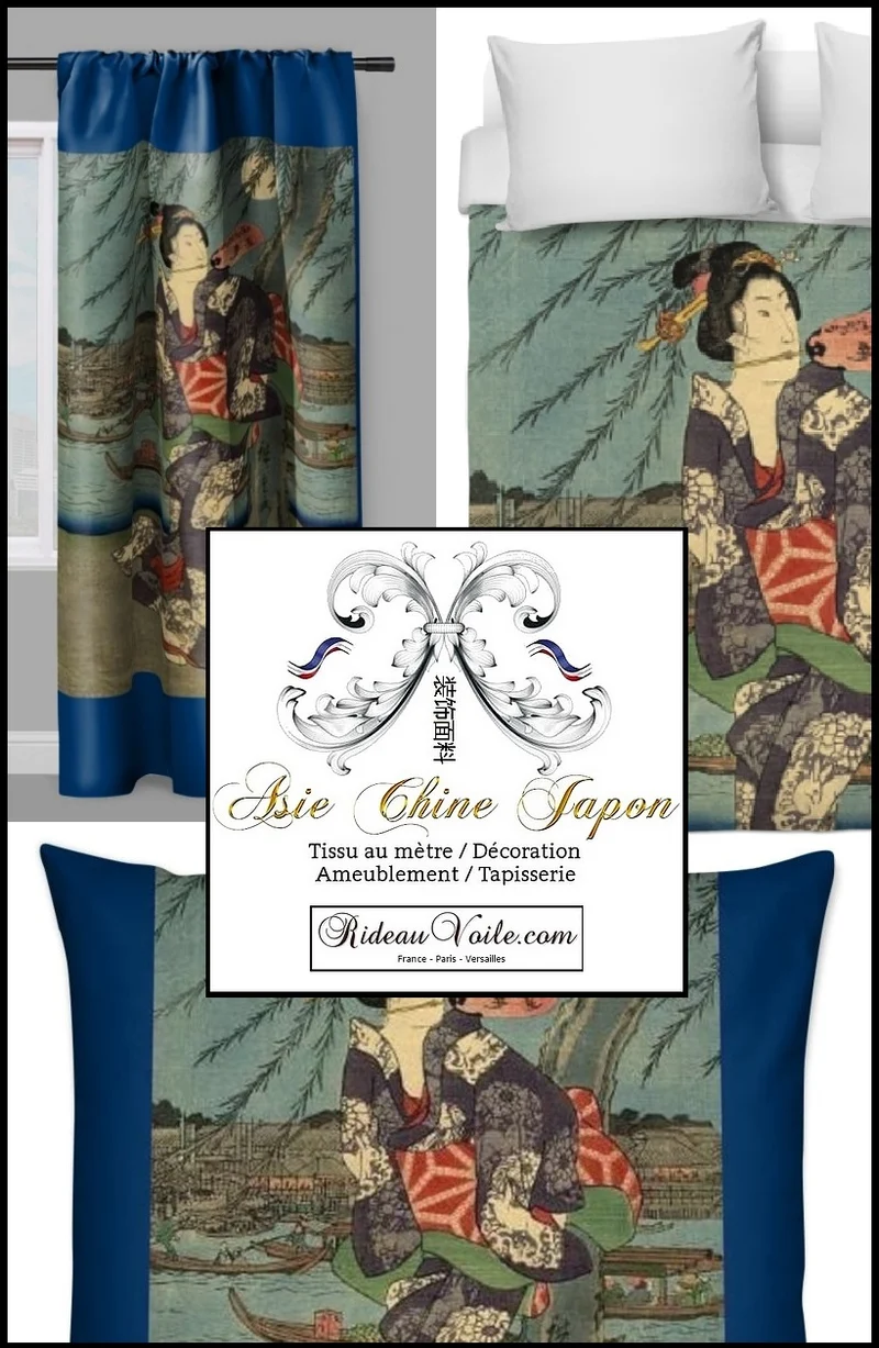 Motif imprimé Japonais Geisha tissu au mètre déco d'Asie occultant ignifugé rideau
