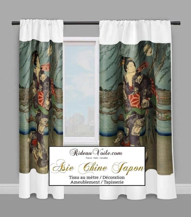 Tissu ameublement motif Japonais Geisha au mètre décoration Asie occultant ignifugé