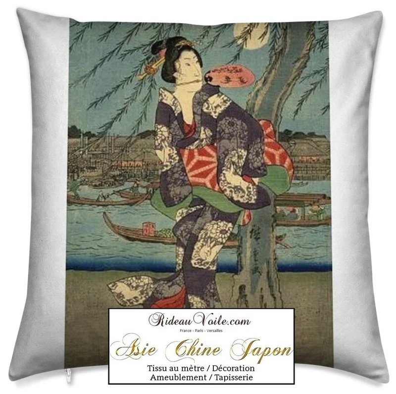 Tissu ameublement motif Japonais Geisha au mètre décoration Asie occultant ignifugé