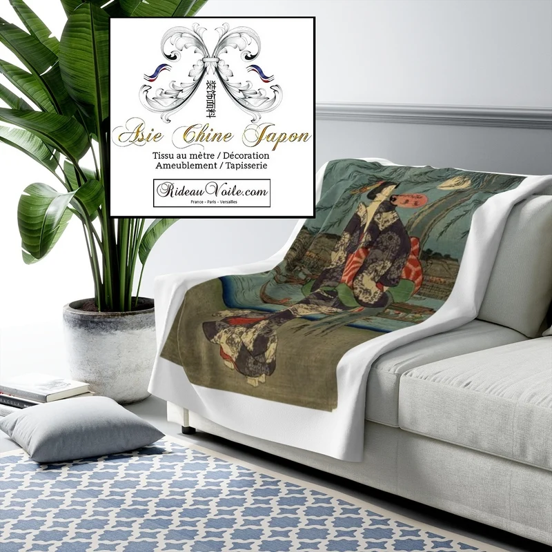 Tissu ameublement motif Japonais Geisha au mètre décoration Asie occultant ignifugé