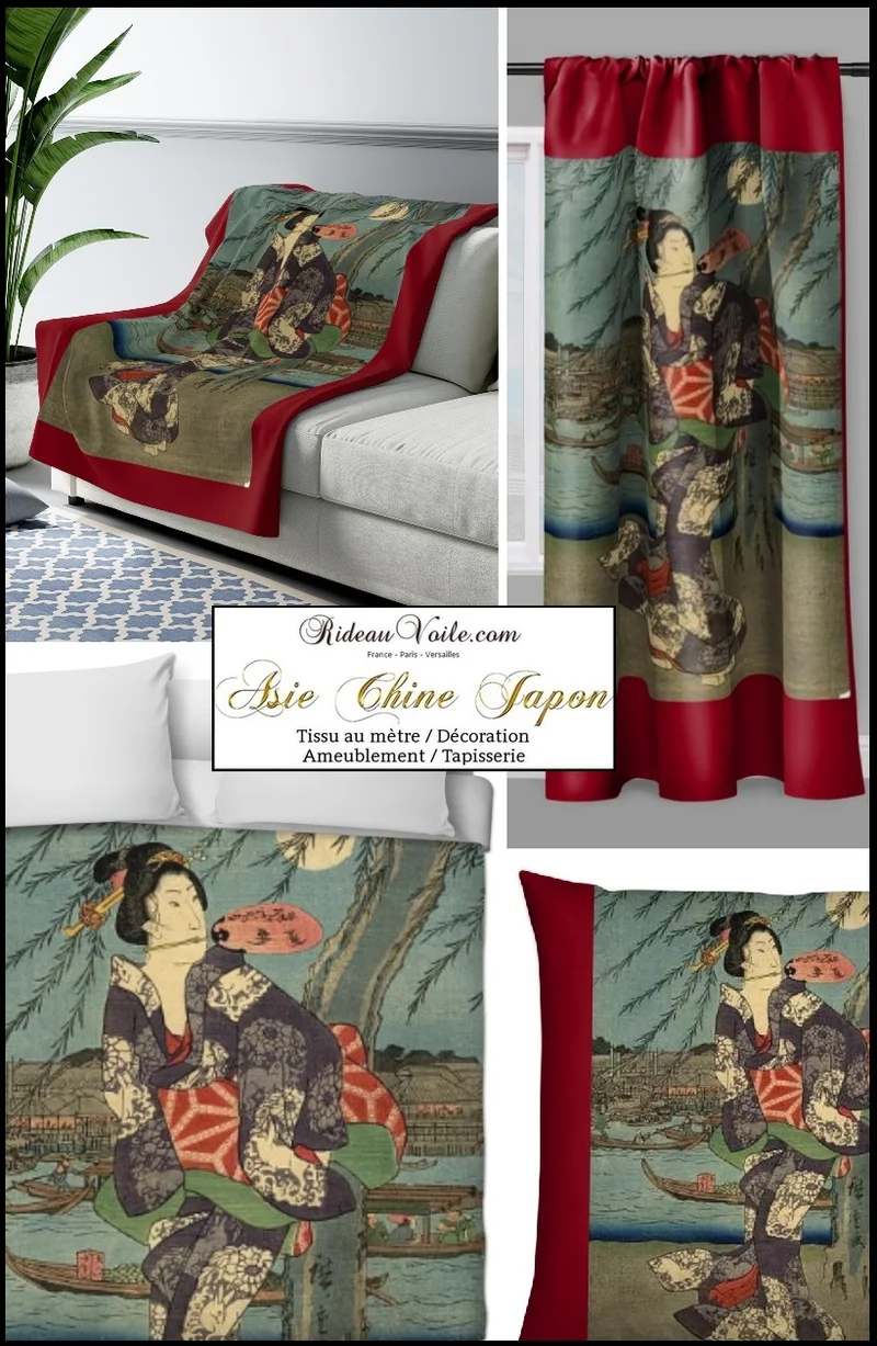 Tissu ameublement motif Japonais Geisha au mètre décoration Asie occultant ignifugé