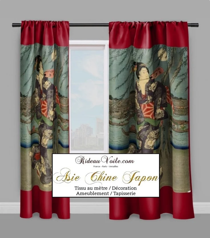 Tissu ameublement motif Japonais Geisha au mètre décoration Asie occultant ignifugé