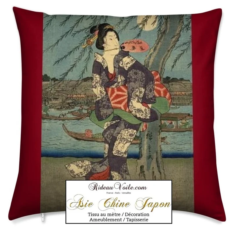 Tissu ameublement motif Japonais Geisha au mètre décoration Asie occultant ignifugé