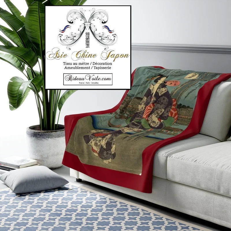 Tissu ameublement motif Japonais Geisha au mètre décoration Asie occultant ignifugé