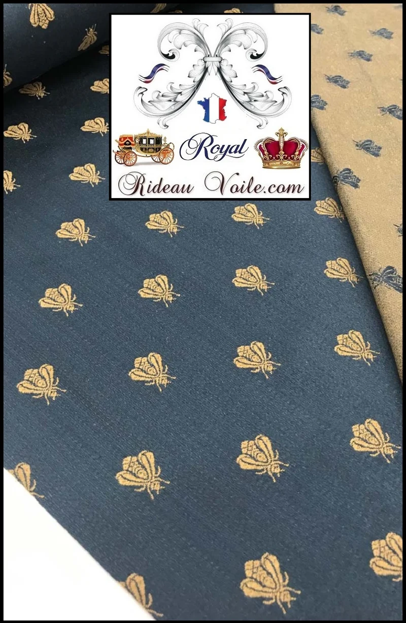 Tissu Bleu Empire Jacquard ameublement au mètre motif abeilles
