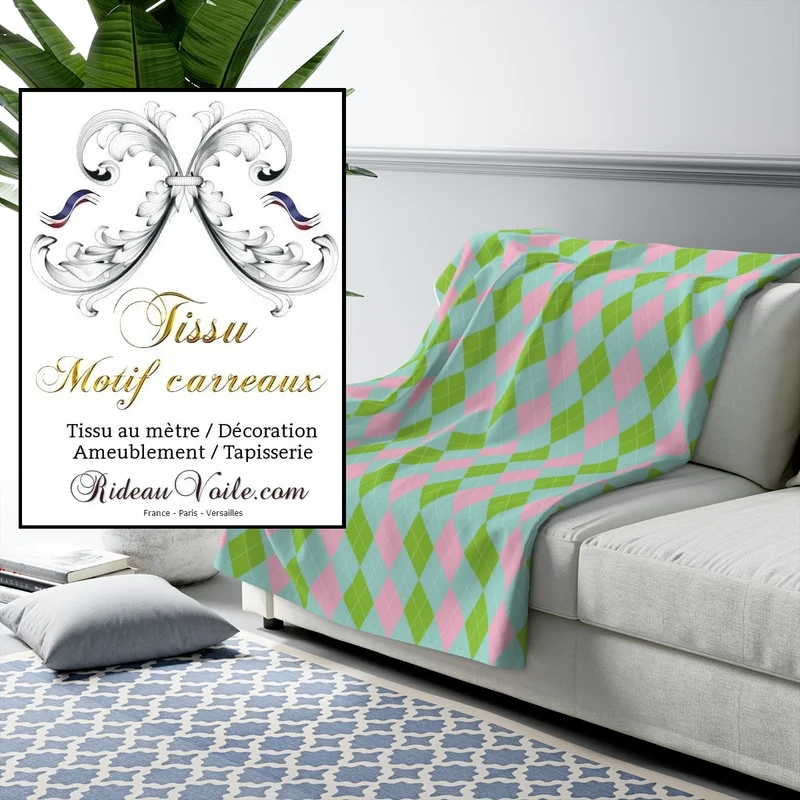 Tissu ameublement motif carreaux Argyle au mètre confection rideau voilage plaid