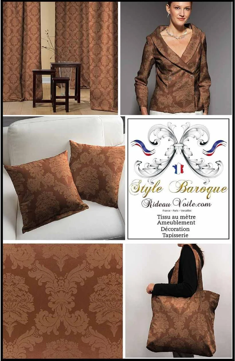 Damasco marron tissu ameublement Baroque rideau floral fleur Damassé