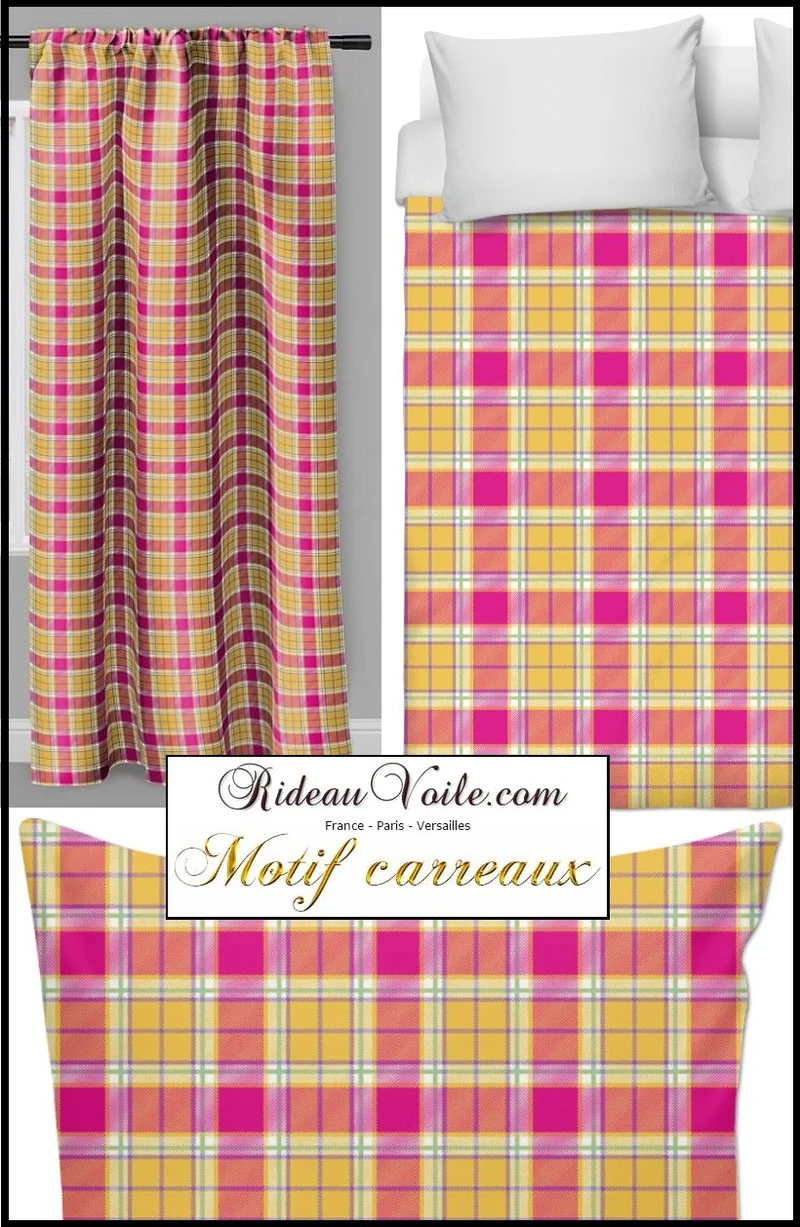 Rideauvoile.com tissu ameublement motif carreaux mètre rideau voilage lainage rose