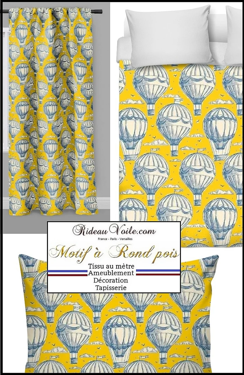 Tissu motif imprimé montgolfières, nuages envol de ballon air ameublement mètre rideau