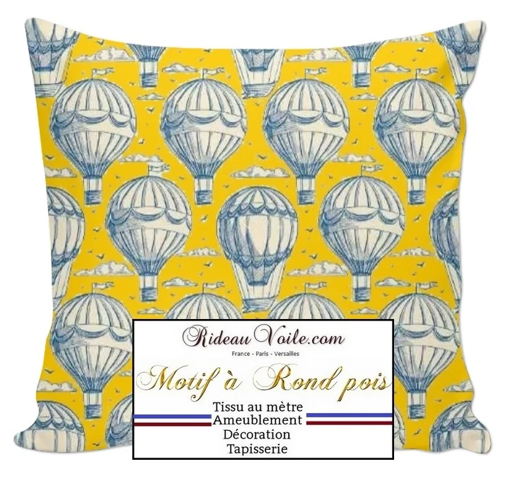 Tissu motif imprimé montgolfières, nuages envol de ballon air ameublement mètre rideau