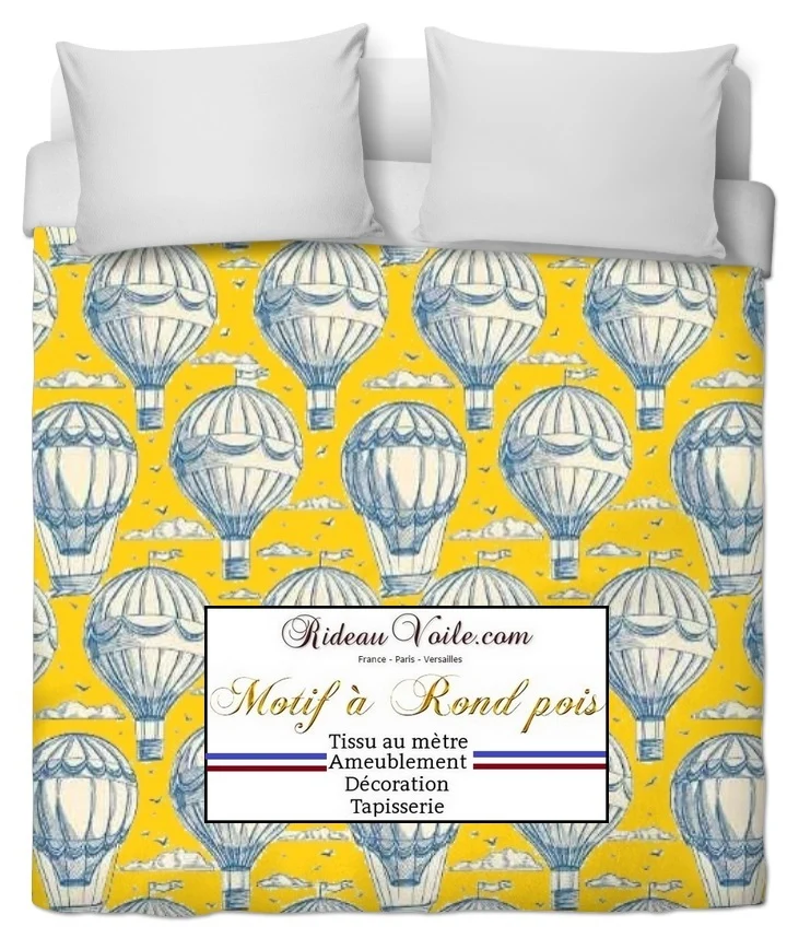 Tissu motif imprimé montgolfières, nuages envol de ballon air ameublement mètre rideau