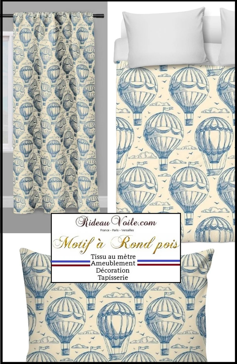 Tissu motif imprimé montgolfières, nuages envol de ballon air ameublement mètre rideau