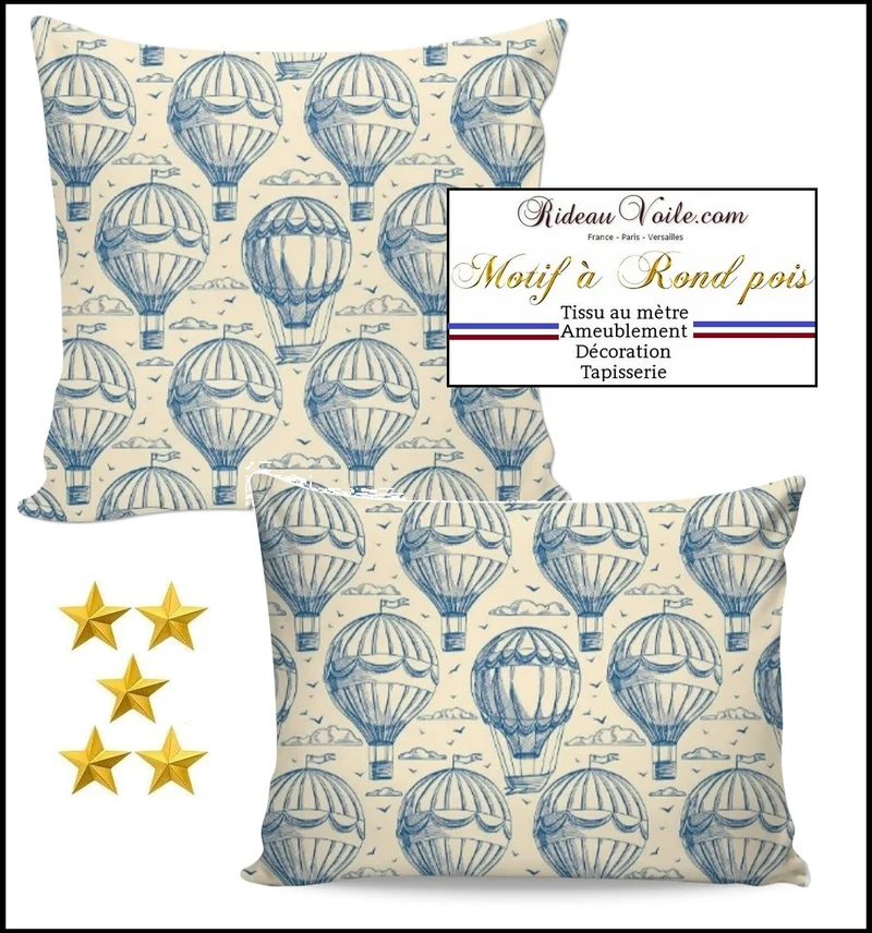 Tissu motif imprimé montgolfières, nuages envol de ballon air ameublement mètre rideau