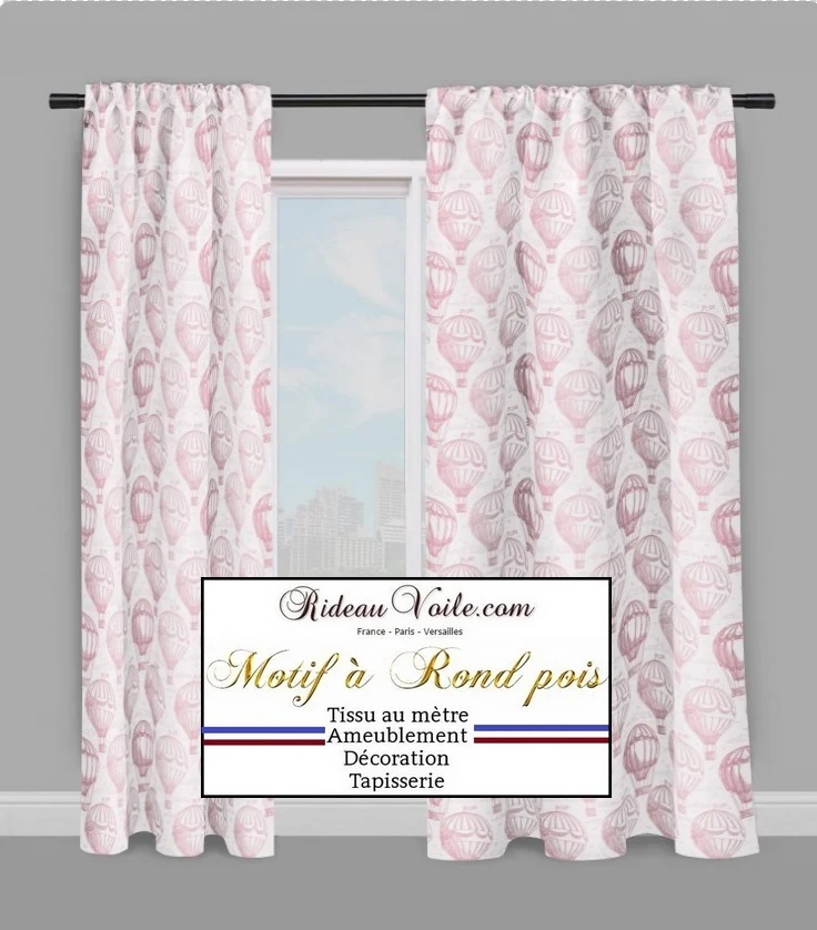 Boutique Tissu au mètre motif ballon envol mongolfière mètre rideau voilage rose