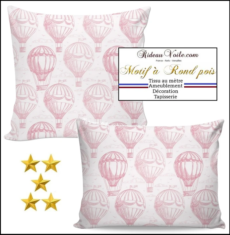 Boutique Tissu au mètre motif ballon envol mongolfière mètre rideau voilage rose