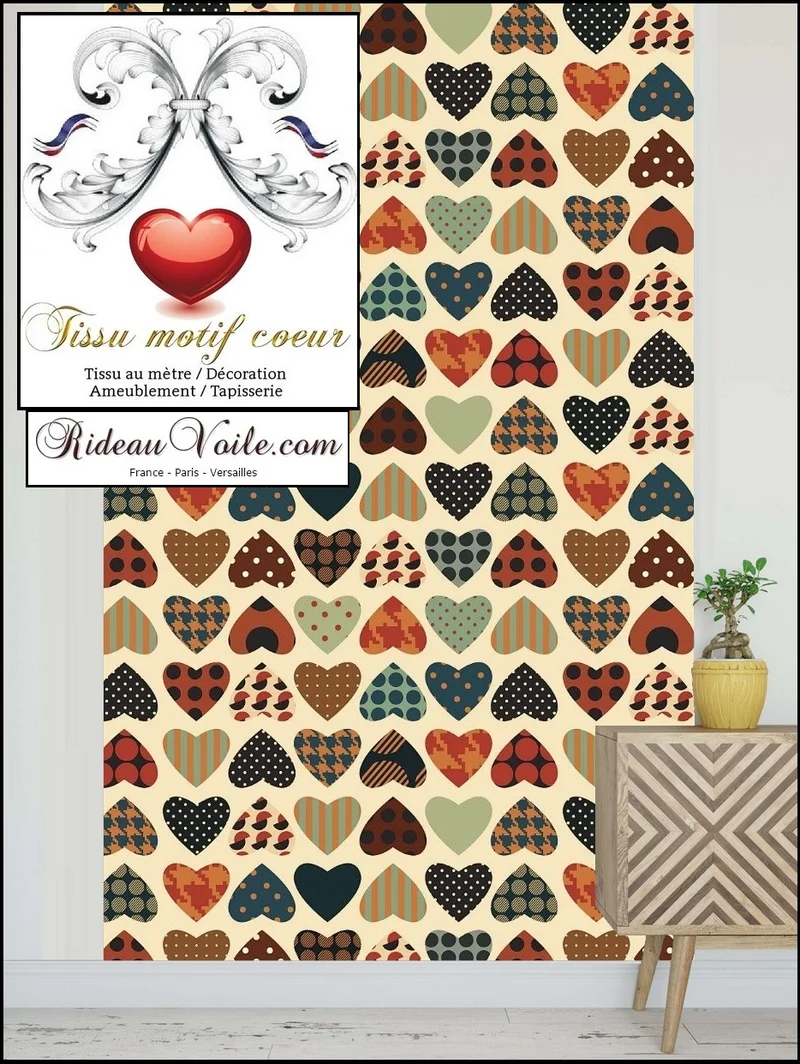 Tissu au mètre rideau coussin couette motif cœur sur mesure Heart print fabric