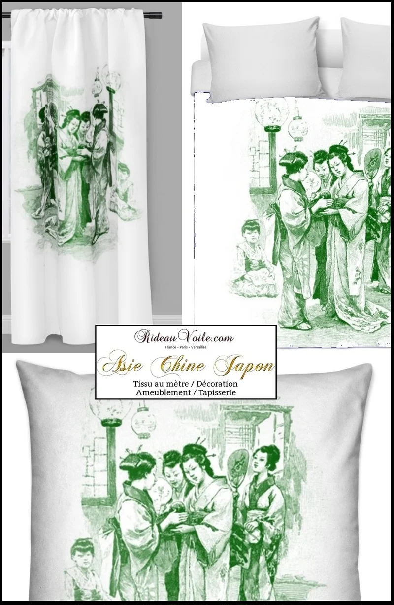 Tissu décoration chinoise Asiatique tissus ameublement motifs japonais Geisha mètre rideau vert