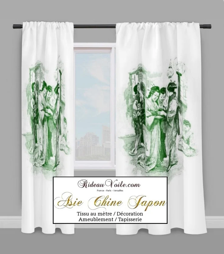 Tissu décoration chinoise Asiatique tissus ameublement motifs japonais Geisha mètre rideau vert