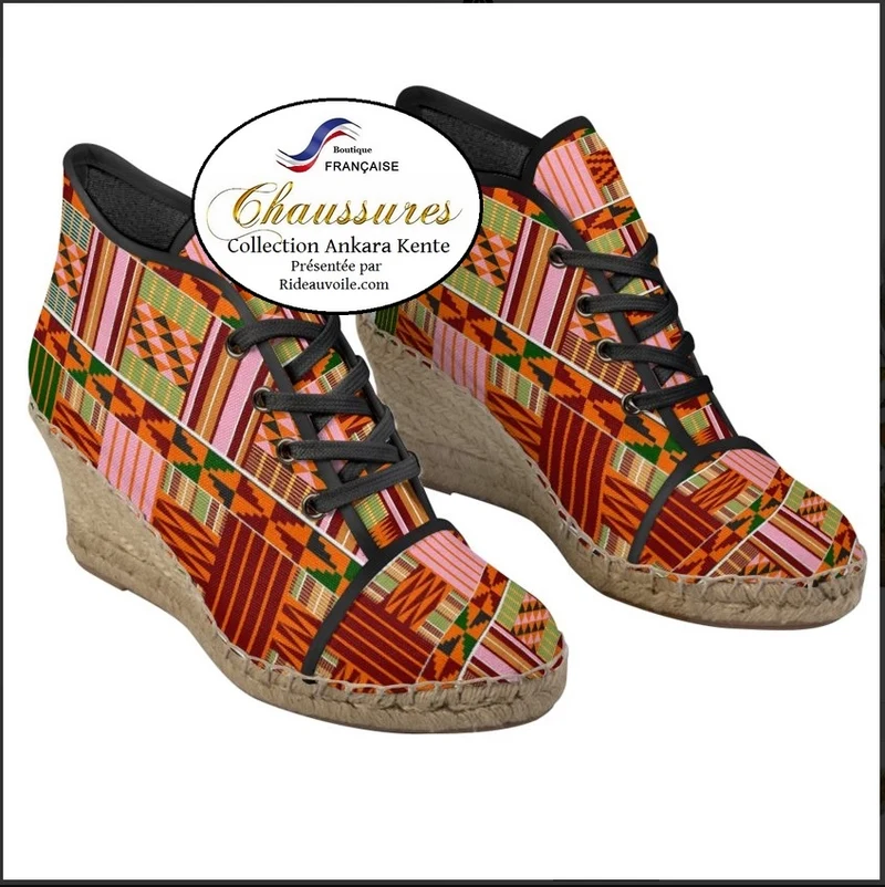 Espadrille Africaine chaussure femme talon compensé toile motif Africain Wax Ankara design Kente