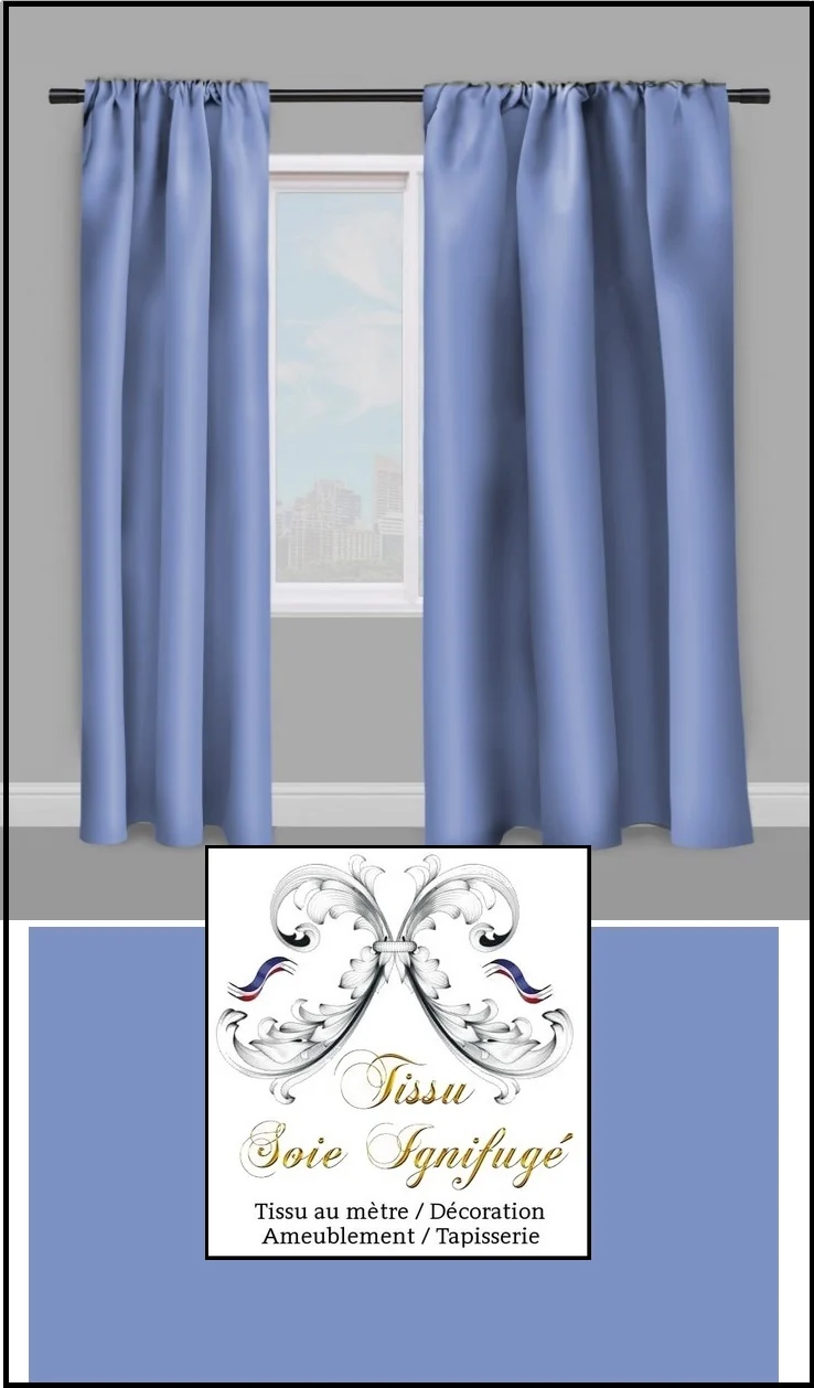 Tissu 100% Soie ignifugé teinté bleu non-feu au mètre M1 - Rideau tenture