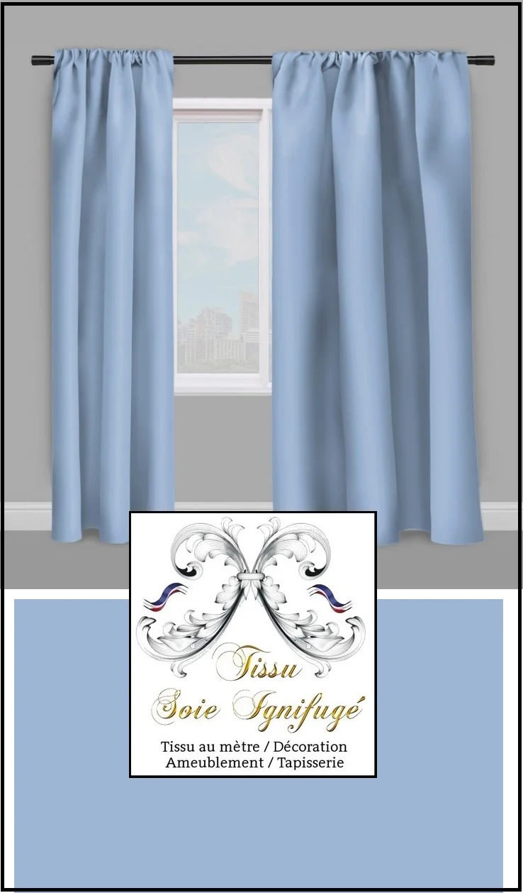 Tissu ameublement 100% Soie ignifugé bleu non-feu au mètre M1 - Rideau