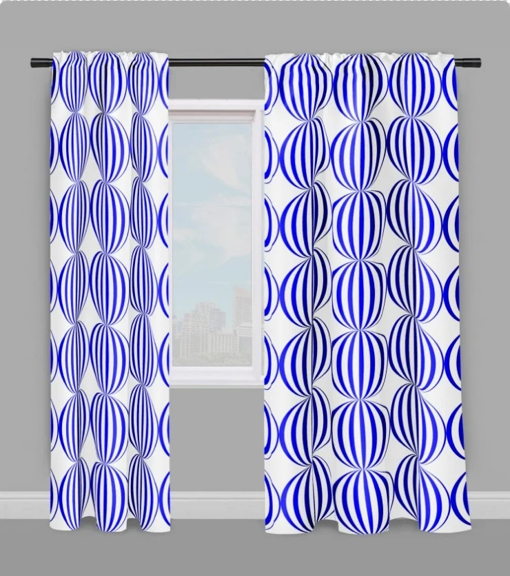 Tissu ameublement contemporain motif pois rayé rond bleu mètre rideau prêt à poser