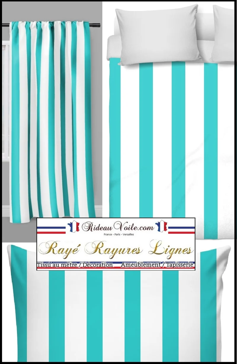 Tissu ameublement motif rayé bleu rayure ligne blanc au mètre rideau couette voilage