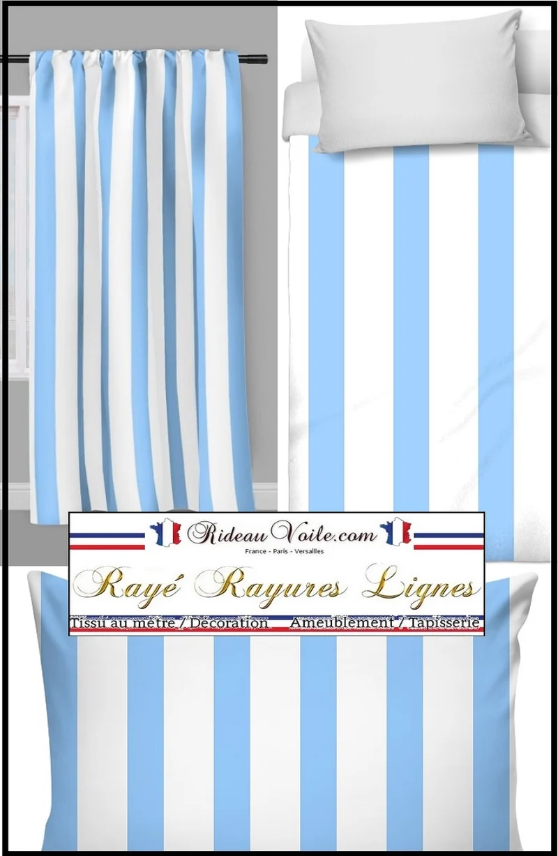 Tissu ameublement rayés rayures lignes bleu au mètre rideau couette voilage tapisserie