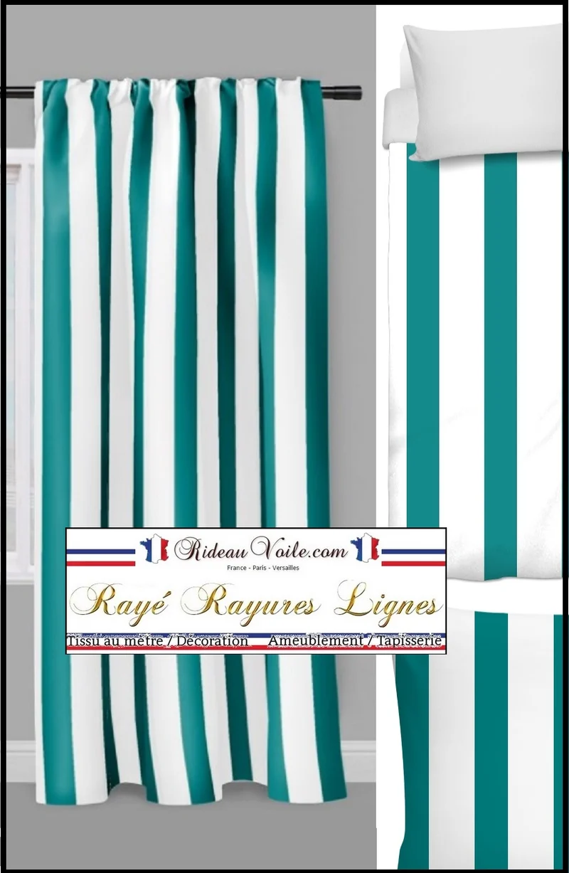 Tissu motif imprimé rayés rayures lignes azur blanc au mètre rideau couette voilage
