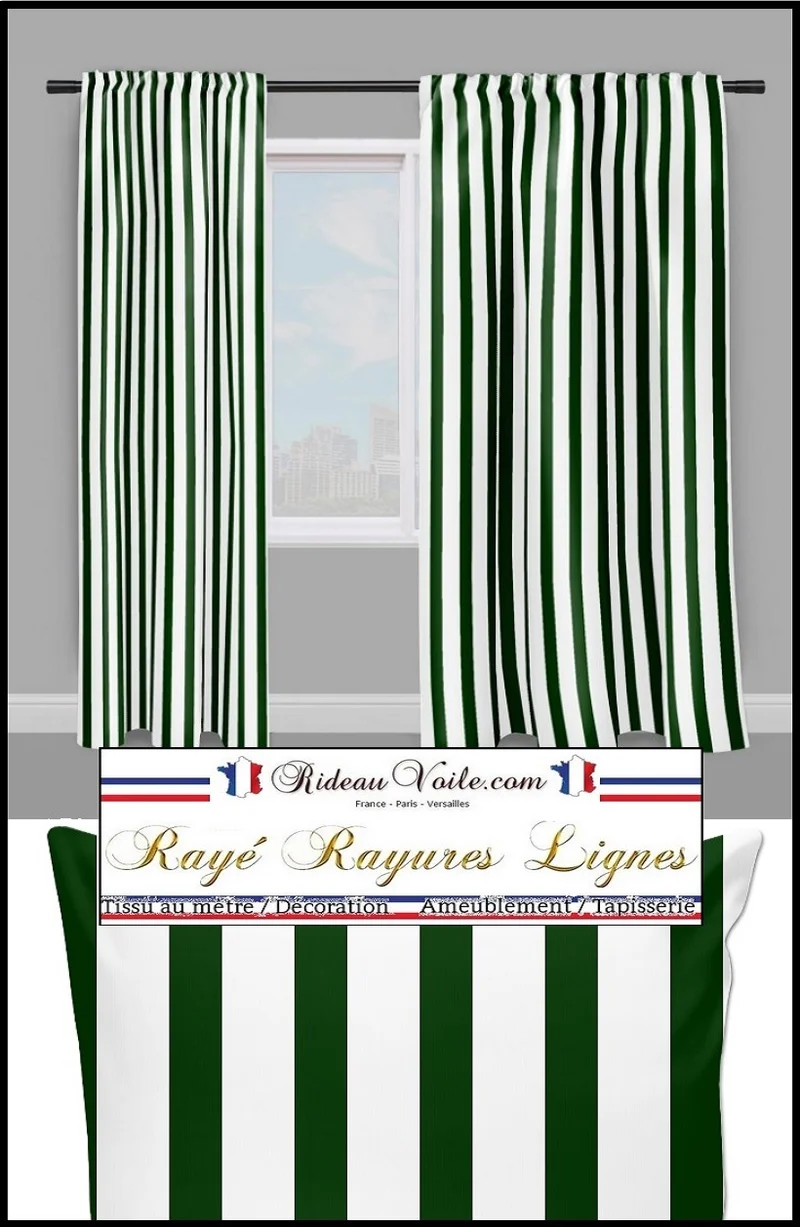 Tissu imprimé motif rayé vert rayure ligne blanc au mètre rideau couette voilage