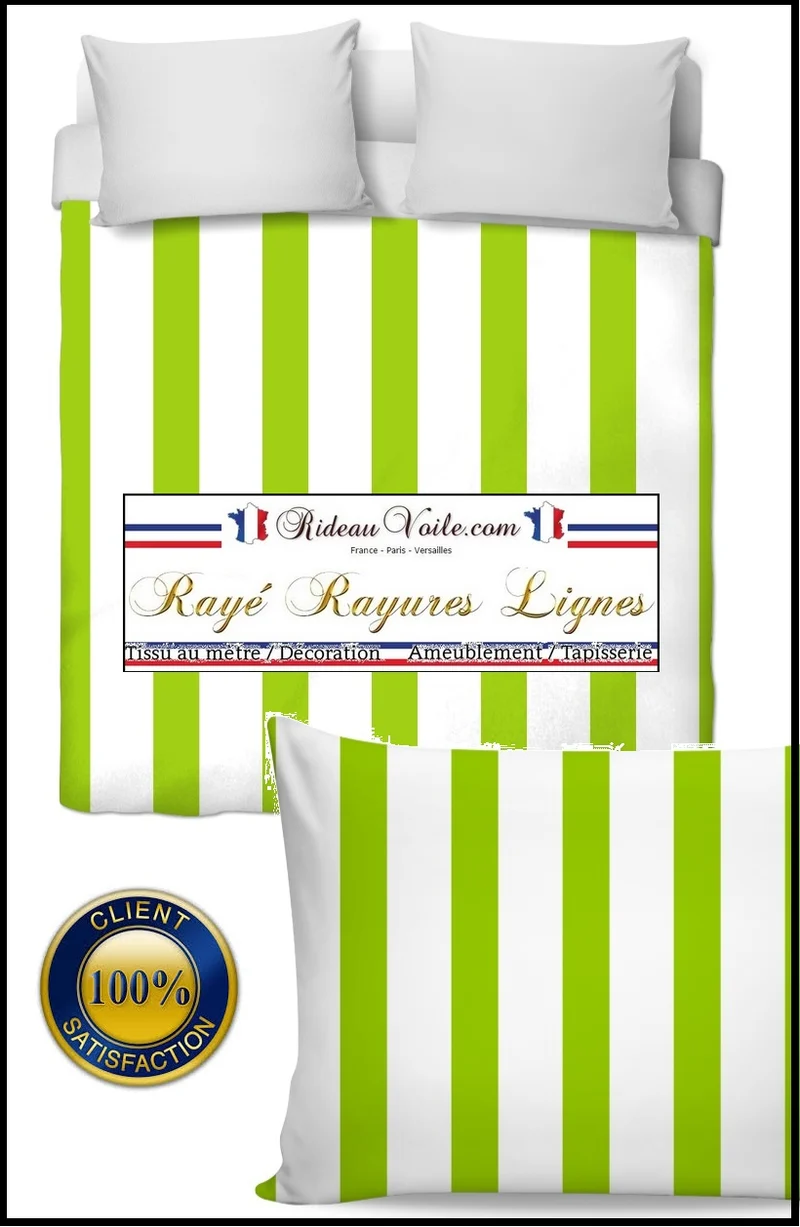 Tissu motif décoration imprimé rayé vert rayure ligne au mètre rideau couette voilage