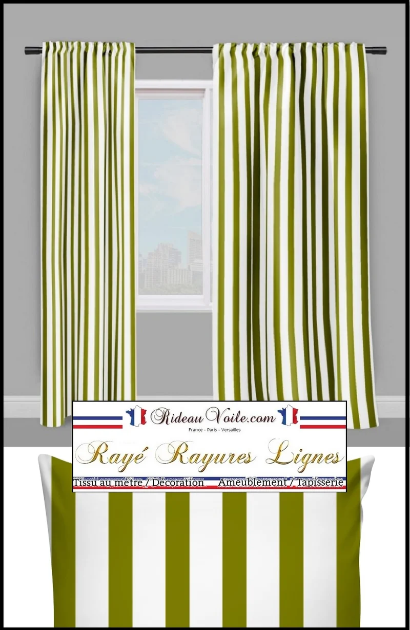 Tissu déco géométrique motif rayé rayure ligne vert blanc au mètre rideau couette voilage