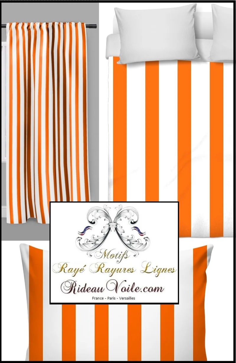 Tissu ameublement orange rayé rayure au mètre rideau couette voilage sur mesure