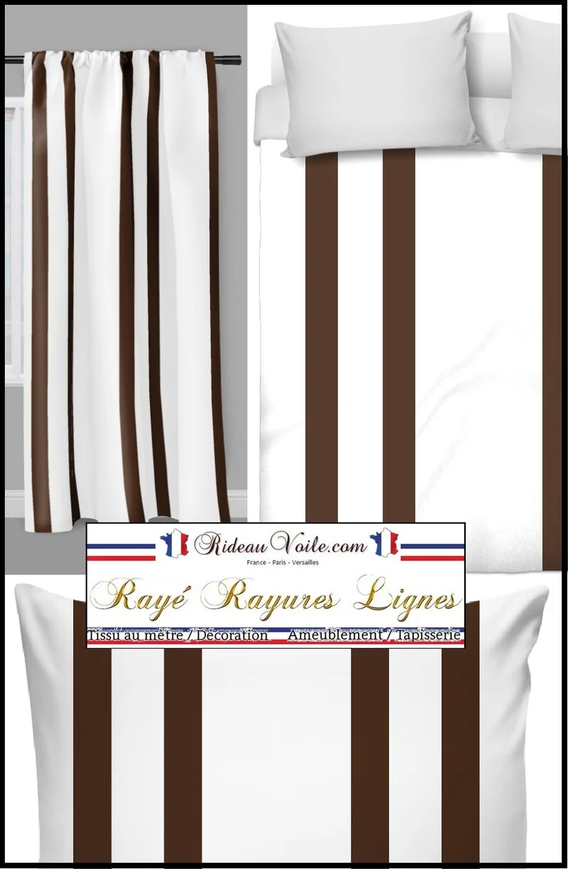 Tissu toile d'ameublement rayé rayures à lignes marron au mètre rideau couette voilage