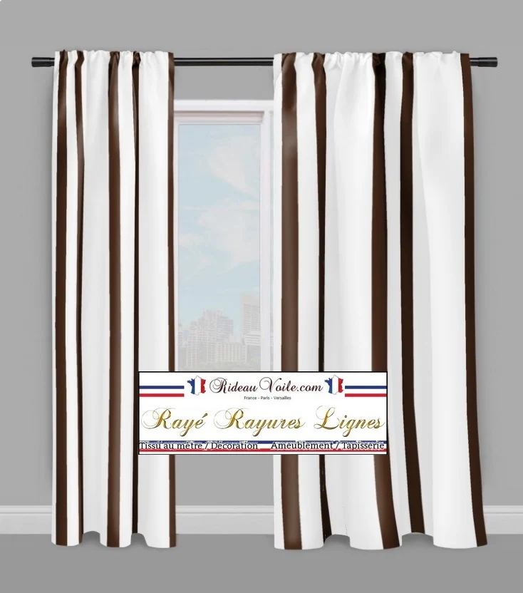 Tissu toile d'ameublement rayé rayures à lignes marron au mètre rideau couette voilage